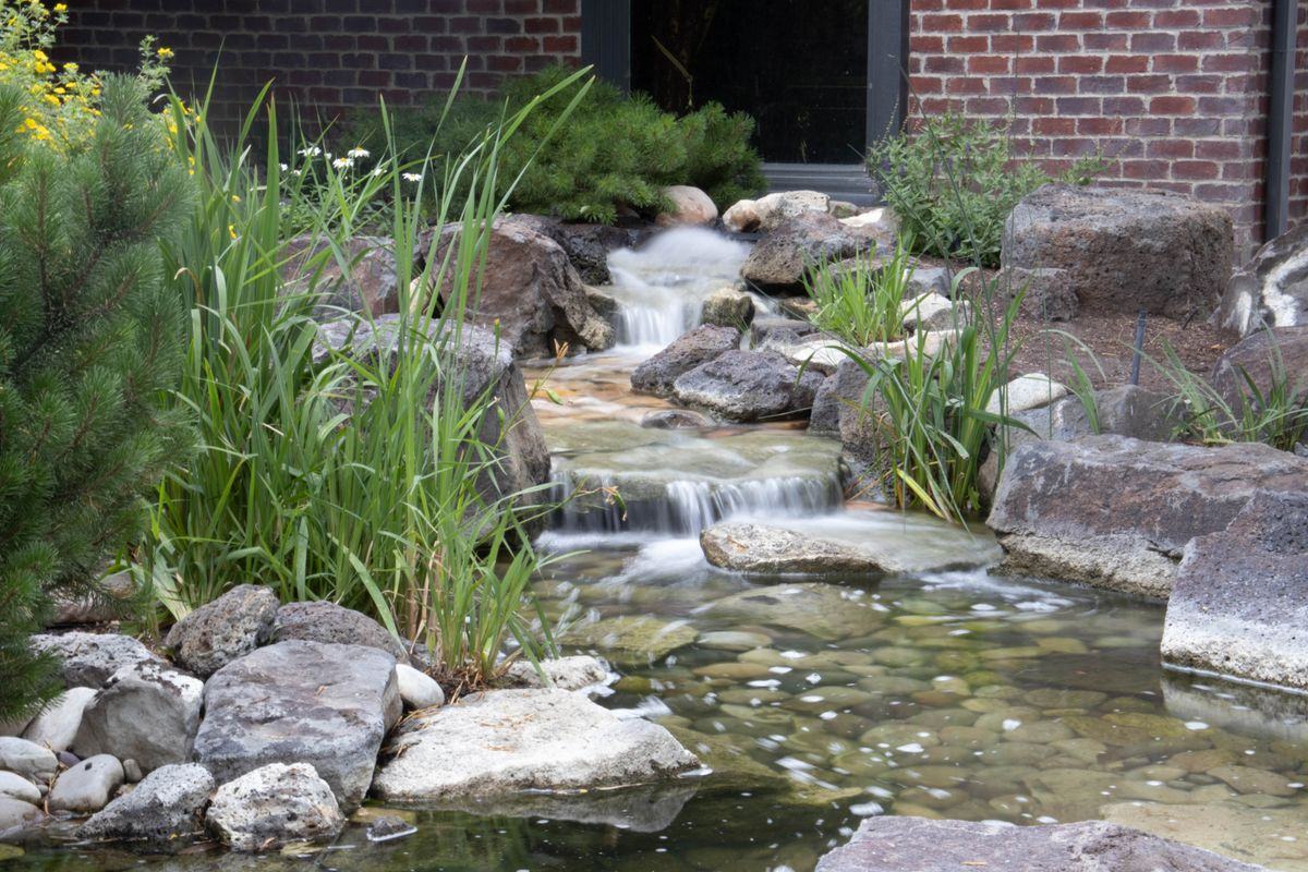 Cascade en roche naturelle alimentant un bassin de jardin
